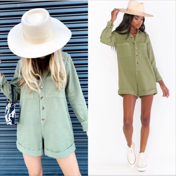Show Me Your Mumu Tegan Jumper Romper Size XS Army Green Denim Cotton - Picture 1 of 7